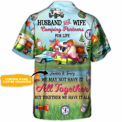 Camping Flamingo Husband And Wife Camping Partners For Life Personalized - Hawaiian Shirt - Personalized Photo Gifts for men and women, kids - Owl Ohh
