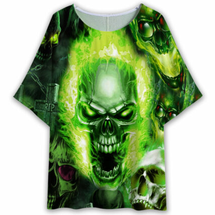 Skull Green Fear No Man - Women's T-shirt With Bat Sleeve - Owl Ohh - Owl Ohh