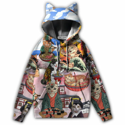 Cat Samurai With Ramen - Ears Hoodie - Owl Ohh - Owl Ohh