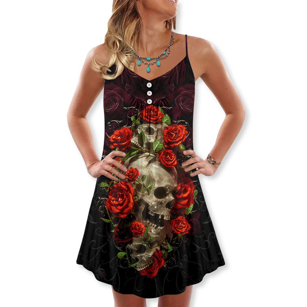 Skull And Roses Art - V-neck Sleeveless Cami Dress - Owl Ohh - Owl Ohh