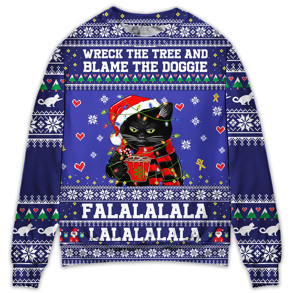 Black Cat Wreck The Tree And Blame The Doggies - Sweater - Ugly Christmas Sweaters - Owl Ohh - Owl Ohh