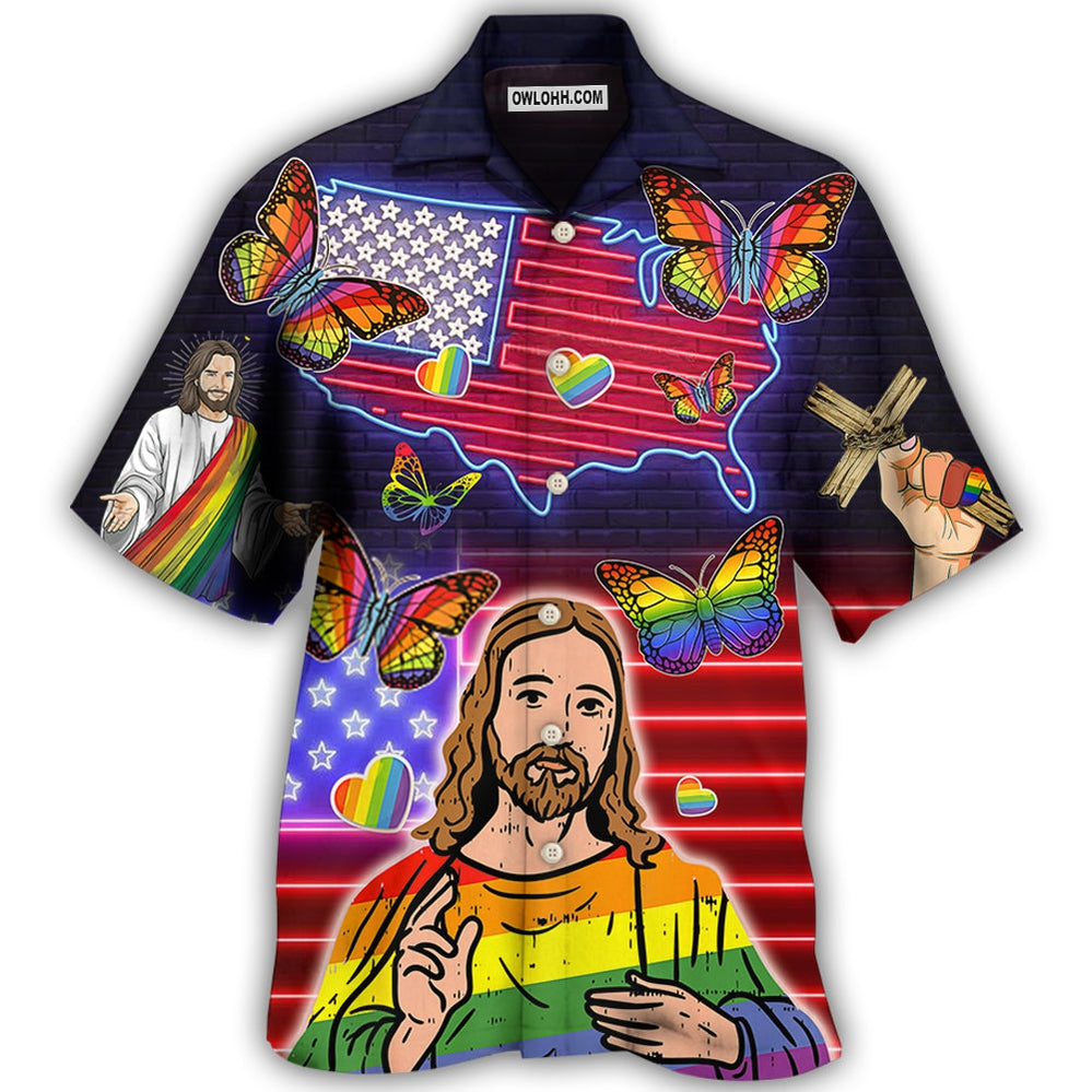 LGBT Independence Day Jesus Butterfly Neon - Hawaiian Shirt - Owl Ohh - Owl Ohh