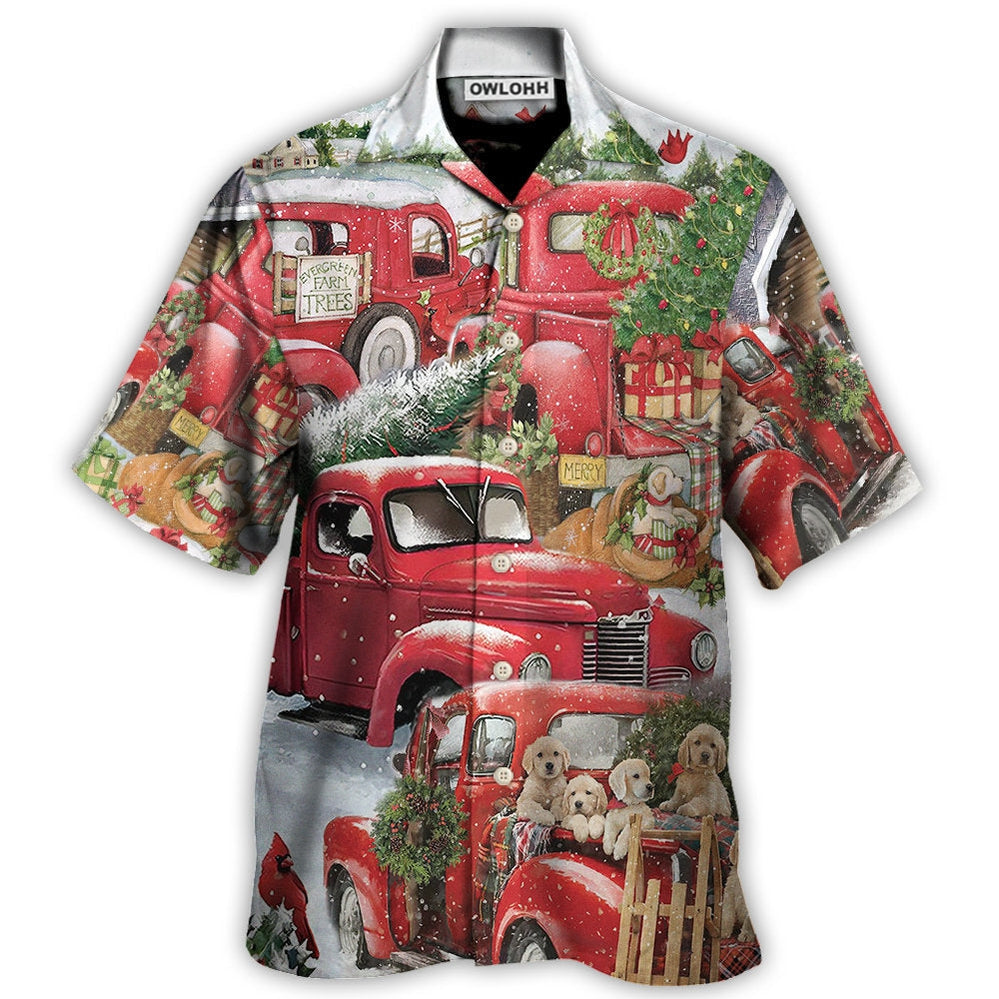 Christmas Red Truck With Xmas Tree And Little Puppy - Hawaiian Shirt - Owl Ohh for men and women, kids - Owl Ohh