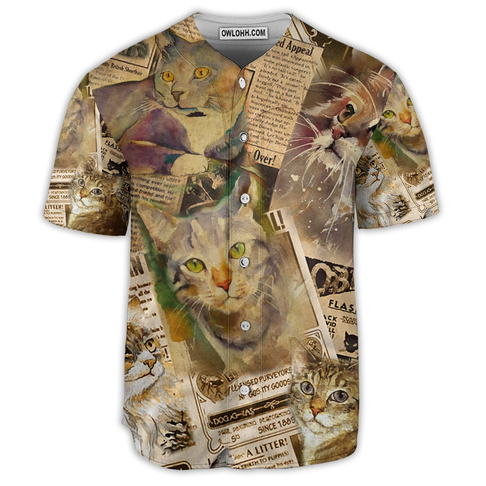 Cat In The Vintage Newspaper - Baseball Jersey - Owl Ohh - Owl Ohh