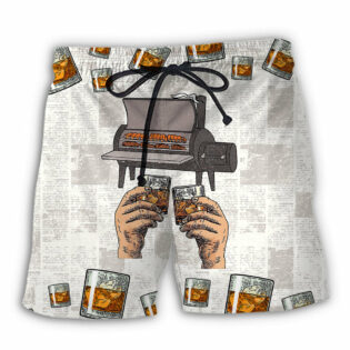 Wine Bourbon I Like Bourbon My Smoker And Maybe 3 People - Beach Short - Owl Ohh - Owl Ohh