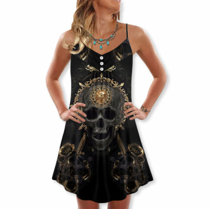 Skull Golden Skull True King Stay True Till Death - V-neck Sleeveless Cami Dress - Owl Ohh - Owl Ohh
