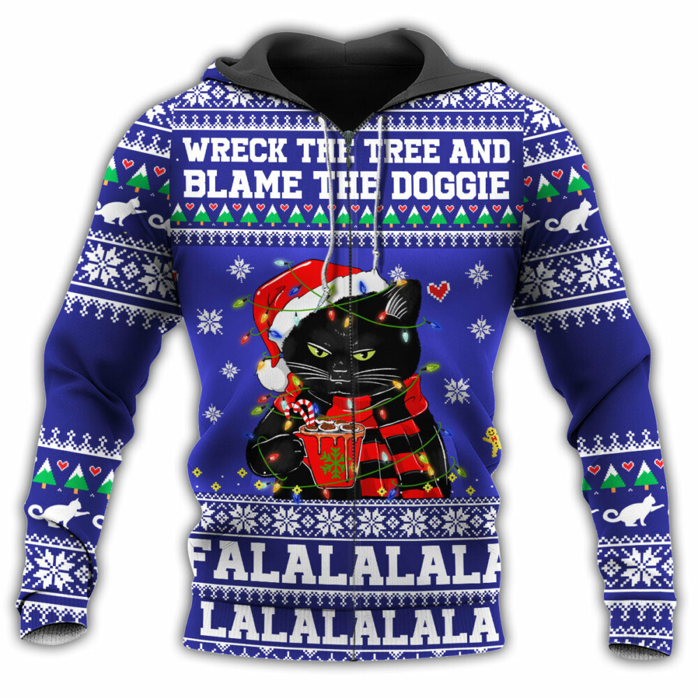 Black Cat Wreck The Tree And Blame The Doggies Christmas - Hoodie - Owl Ohh - Owl Ohh