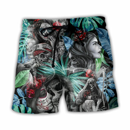 Skull Tropical White Smoke Red Flower - Beach Short - Owl Ohh - Owl Ohh