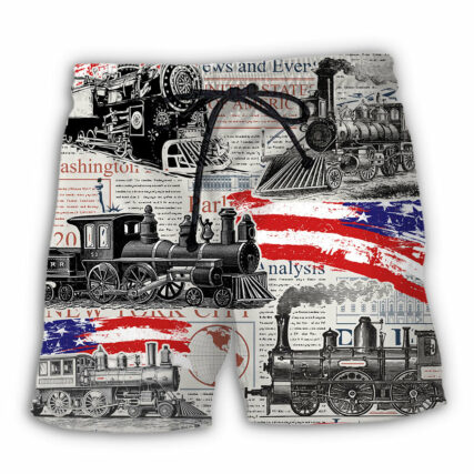 Train Independence Day Retro Train US Flag - Beach Short - Owl Ohh - Owl Ohh