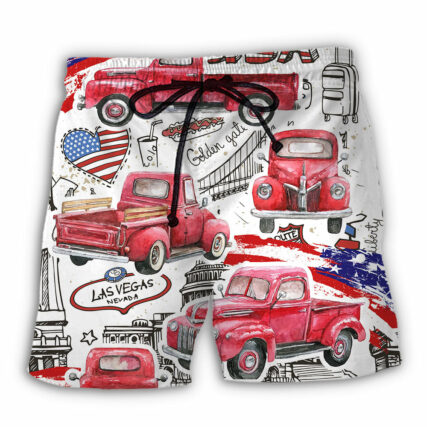 Truck Red USA Flag Independence Day - Beach Short - Owl Ohh - Owl Ohh