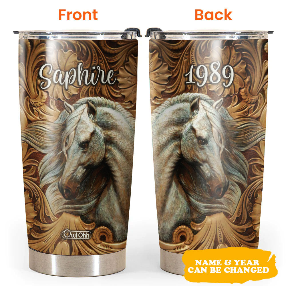 Horse And Flowers Leather Style Personalized - Tumbler - Owl Ohh - Owl Ohh