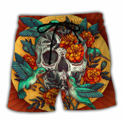 Skull Floral Skull Hummingbird - Beach Short - Owl Ohh - Owl Ohh