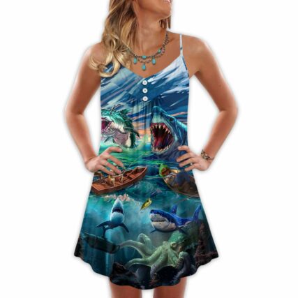 Fishing Shark Crazy Art Style - V-neck Sleeveless Cami Dress - Owl Ohh - Owl Ohh