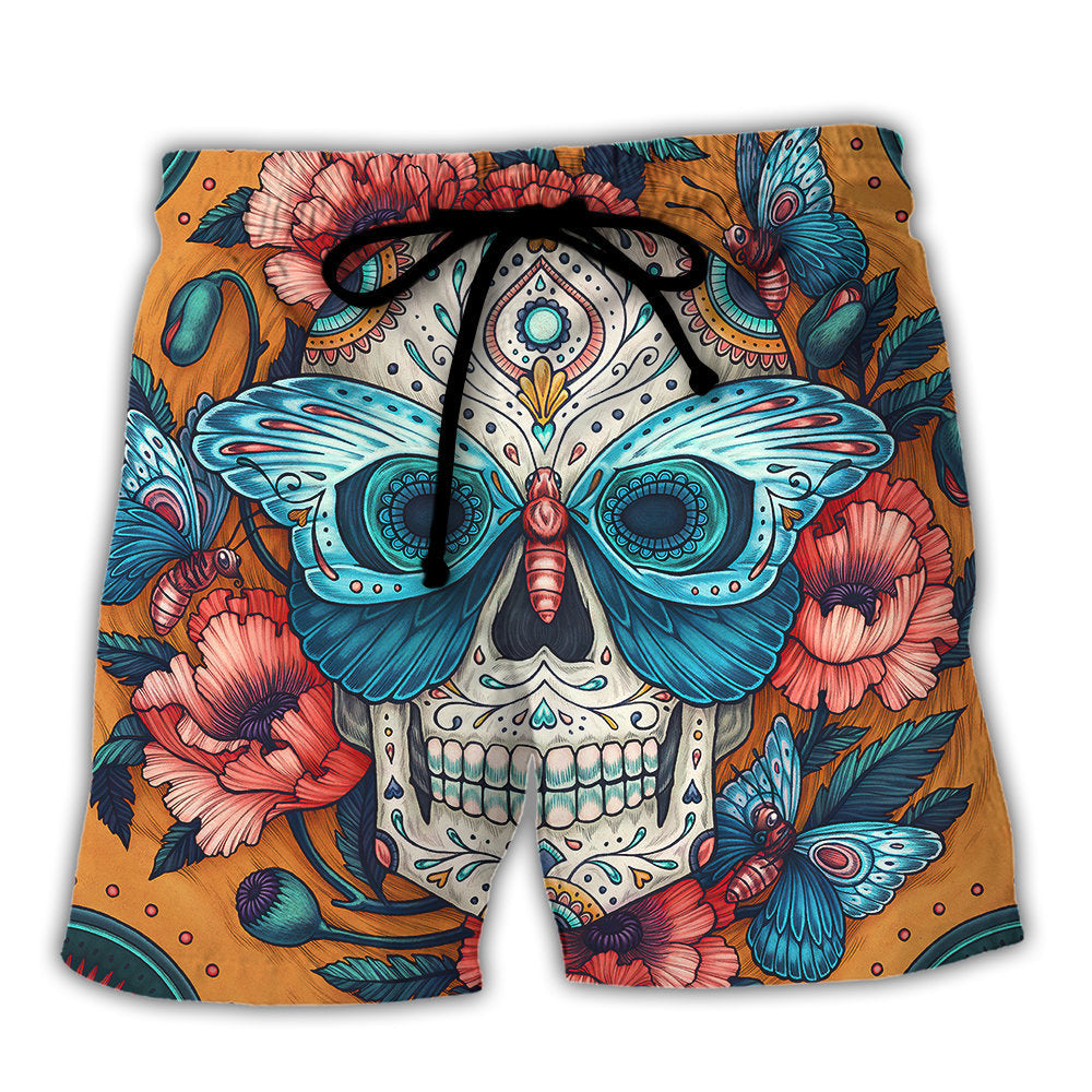 Skull And Butterfly Abstract Vintage Colorful - Beach Short - Owl Ohh - Owl Ohh