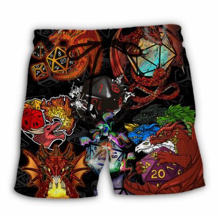 D20 And Fire Dragon Art - Beach Short - Owl Ohh - Owl Ohh