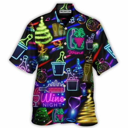 Wine Christmas Neon Art Drinking - Hawaiian Shirt - Owl Ohh - Owl Ohh