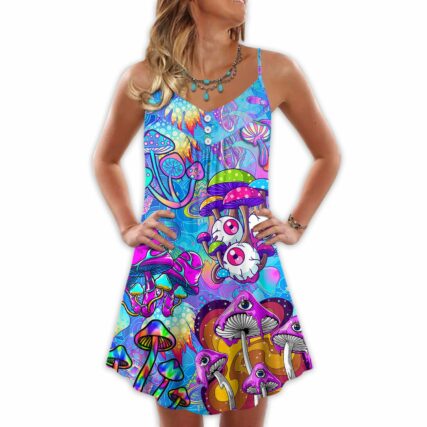 Hippie Mushroom Colorful Cool Style - V-neck Sleeveless Cami Dress - Owl Ohh - Owl Ohh