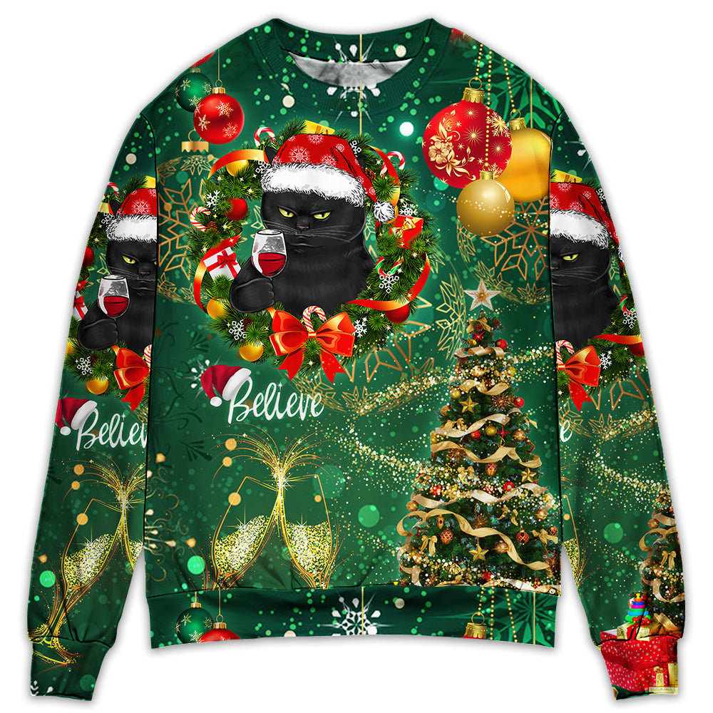 Christmas Black Cat Drinking Happy Christmas Tree Green Light - Sweater - Ugly Christmas Sweaters - Owl Ohh - Owl Ohh