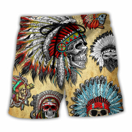 Native American Skull Vintage Art Style - Beach Short - Owl Ohh - Owl Ohh