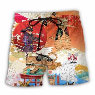 Samurai Cat Funny Art Japanese - Beach Short - Owl Ohh - Owl Ohh