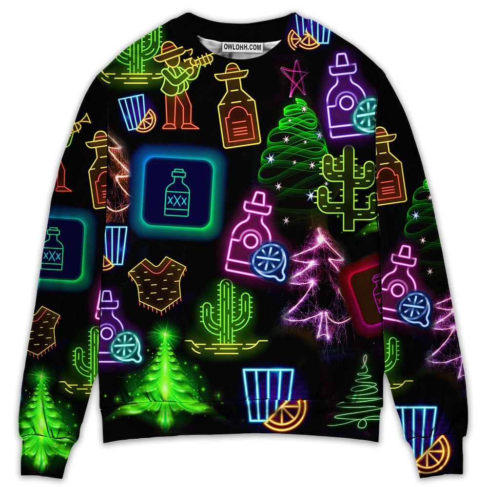Wine Tequila Christmas Neon Art Drinking - Sweater - Ugly Christmas Sweaters - Owl Ohh - Owl Ohh