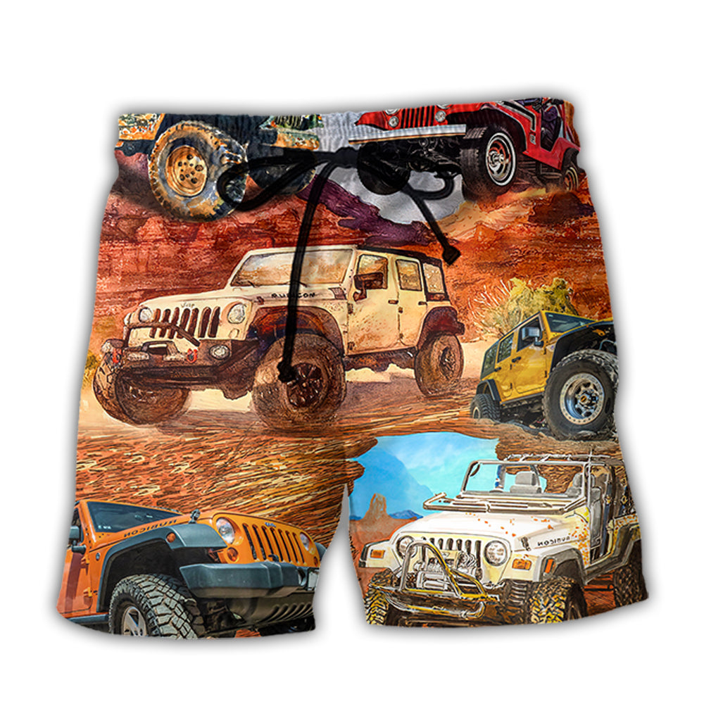 Jeep In The Desert Vintage Art Style - Beach Short - Owl Ohh - Owl Ohh