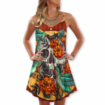 Skull Floral Skull Hummingbird - V-neck Sleeveless Cami Dress - Owl Ohh - Owl Ohh