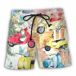 Scooter And Flowers Watercolor Art - Beach Short - Owl Ohh - Owl Ohh