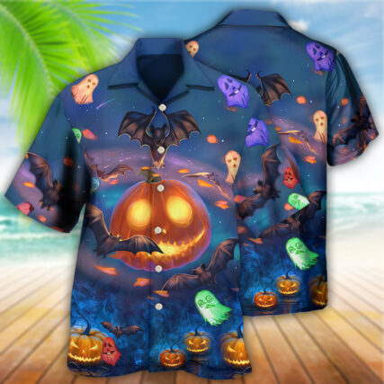 Halloween Glowing Pumpkins By Night With Bat - Hawaiian Shirt - Owl Ohh - Owl Ohh