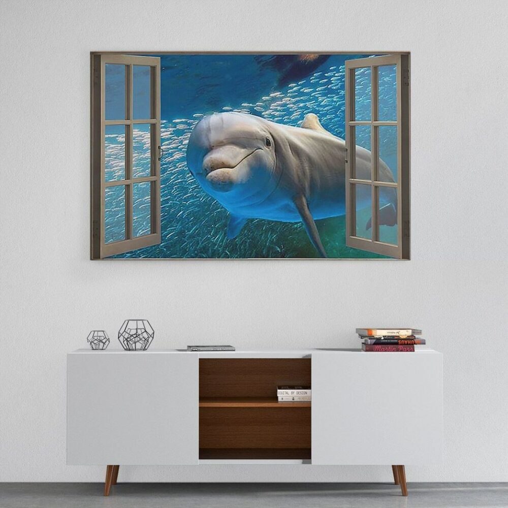 Dolphin Hello Window Style Blue Sea - Horizontal Poster - Owl Ohh - Owl Ohh