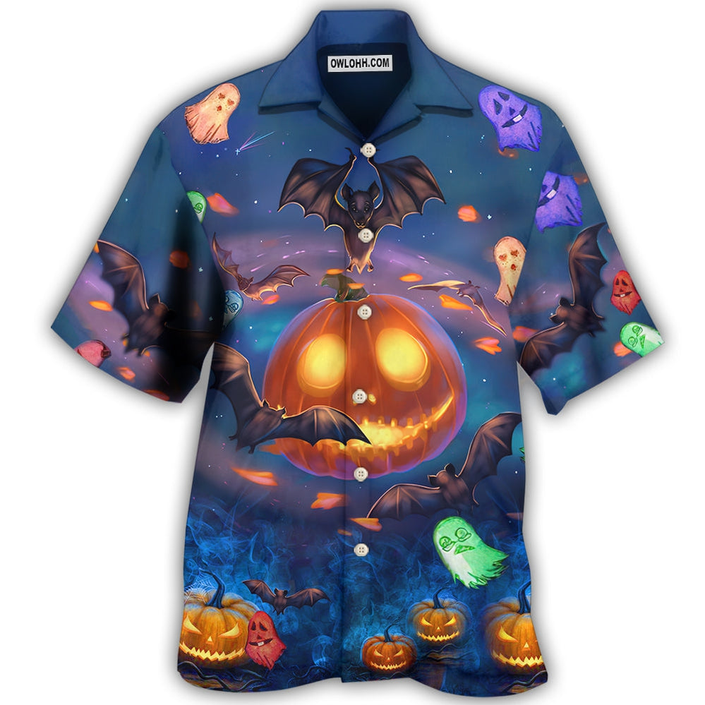 Halloween Glowing Pumpkins By Night With Bat - Hawaiian Shirt - Owl Ohh - Owl Ohh
