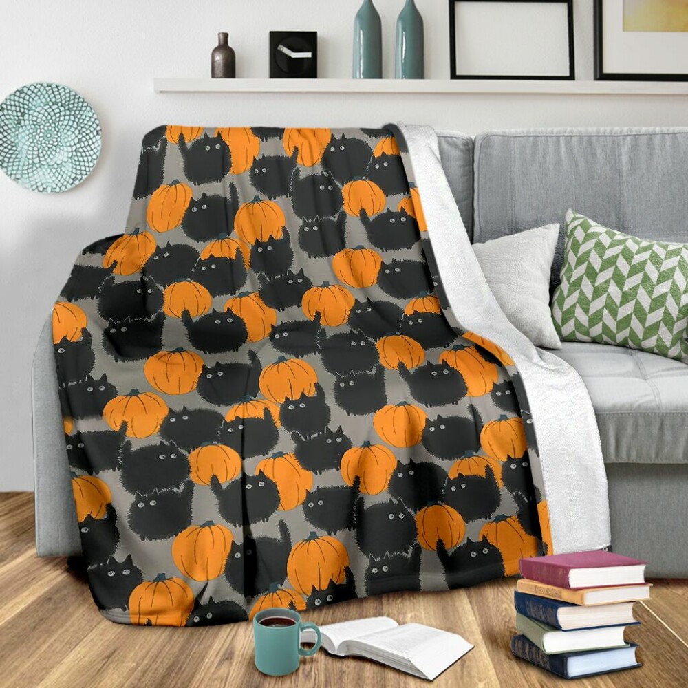 Black Cat And Pumkin Halloween Black Cat Flannel Blanket 0622 750 - Owl Ohh