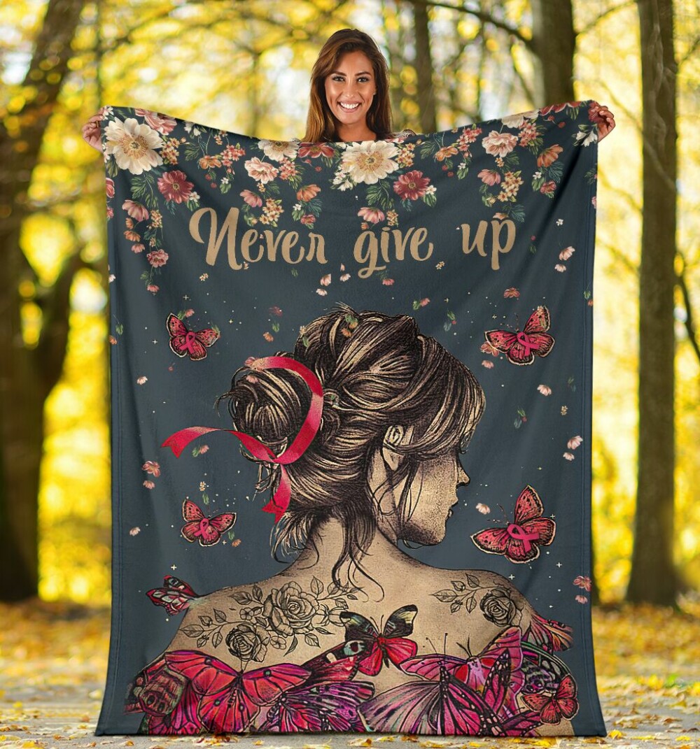 Breast Cancer Never Give Up Breast Cancer Awareness Style - Flannel Blanket - Owl Ohh - Owl Ohh