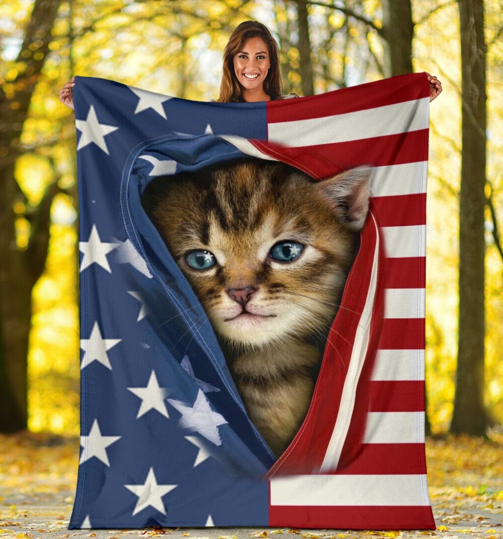Cat Kitten Opened American Flag Independence Day Cat - Flannel Blanket - Owl Ohh - Owl Ohh