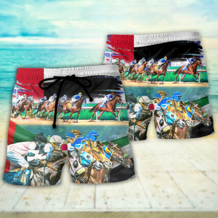 Horse UAE Flag Horse Racing Amazing Seat Lover Art - Beach Short - Owl Ohh - Owl Ohh