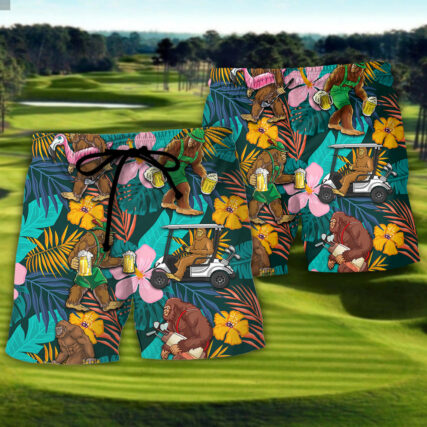 Golf Funny Bigfoot Playing Golf Golf and Beer Tropical Lover - Beach Short
