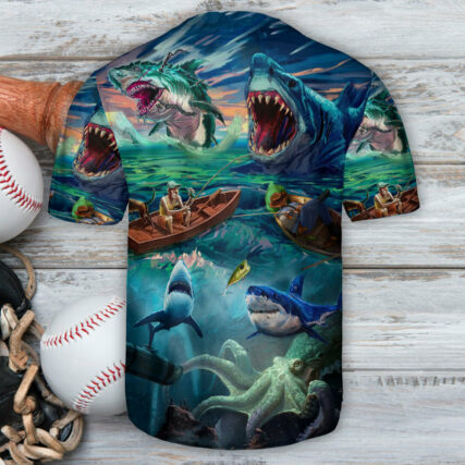 Fishing Shark Art Big Waves - Baseball Jersey - Owl Ohh