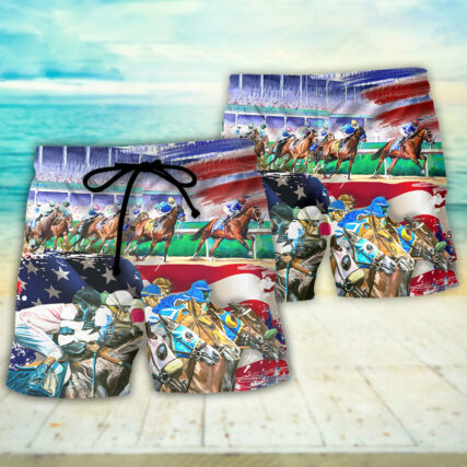Horse USA Flag Horse Racing Amazing Seat Lover Art Style - Beach Short - Owl Ohh - Owl Ohh