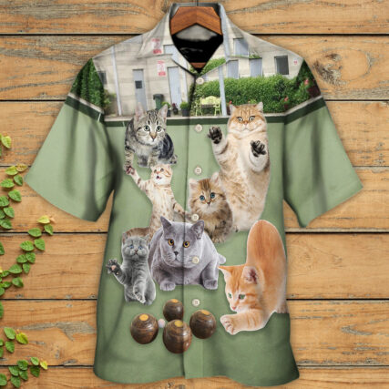 Lawn Bowling Cat Play In Yard - Hawaiian Shirt - Owl Ohh for men and women, kids - Owl Ohh