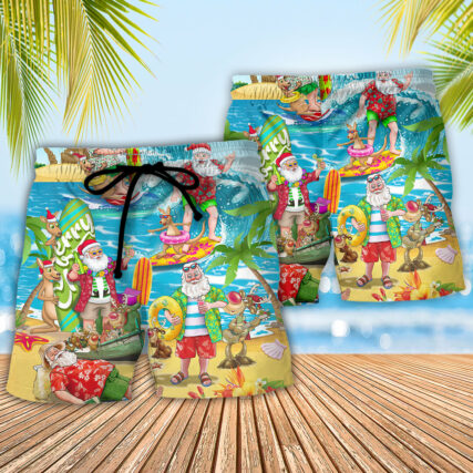 Christmas In July Santa Claus Surfing And Enjoy Summer Beach - Beach Short