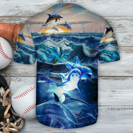 Dolphin Family Play With Wave - Baseball Jersey - Owl Ohh