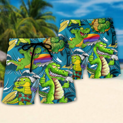 Surfing Funny Crocodile You Can't Stop The Waves But You Can Learn to Surf Lovers Surfing - Beach Short