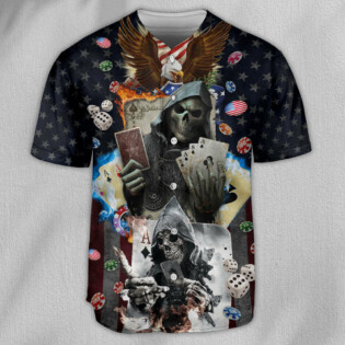 Poker Skull Flame US Flag Independence Day - Baseball Jersey - Owl Ohh - Owl Ohh