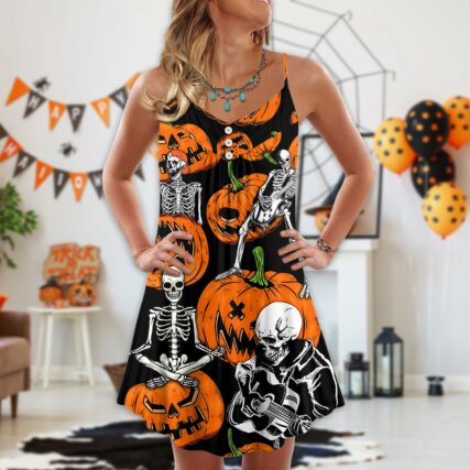 Halloween Skeleton Pumpkin Scary - V-neck Sleeveless Cami Dress - Owl Ohh - Owl Ohh