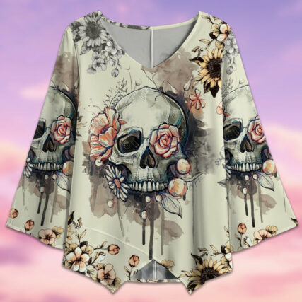 Skull Vintage Flower Style - V-neck T-shirt - Owl Ohh - Owl Ohh