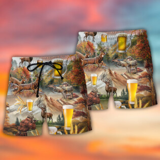 Beer And Hunting Deer Autumn Moutain - Beach Short - Owl Ohh - Owl Ohh