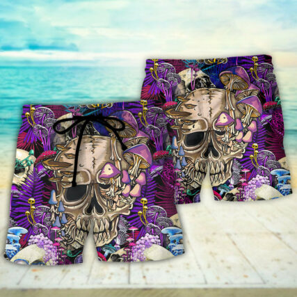 Mushroom Crazy Bright Magic Psychedelic Skull - Beach Short - Owl Ohh - Owl Ohh