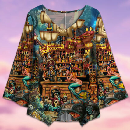 Skull Pirate Treasure Night On The Sea - V-neck T-shirt - Owl Ohh - Owl Ohh