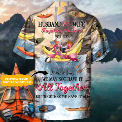 Kayaking Flamingo Husband And Wife Kayaking Partners For Life Personalized - Hawaiian Shirt - Personalized Photo Gifts for men and women, kids - Owl Ohh