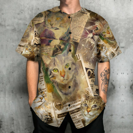 Cat In The Vintage Newspaper - Baseball Jersey - Owl Ohh - Owl Ohh